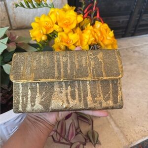 Louis Vuitton Gold Metallic Saffiano Leather Clutch Wallet Made in France